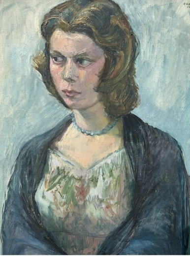 A mid-century oil painting on canvas depicting a seated woman wearing a patterned dress, blue necklace, and dark shawl, framed in a grey wooden frame. View IV