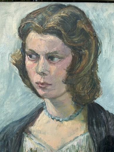 A mid-century oil painting on canvas depicting a seated woman wearing a patterned dress, blue necklace, and dark shawl, framed in a grey wooden frame. View V