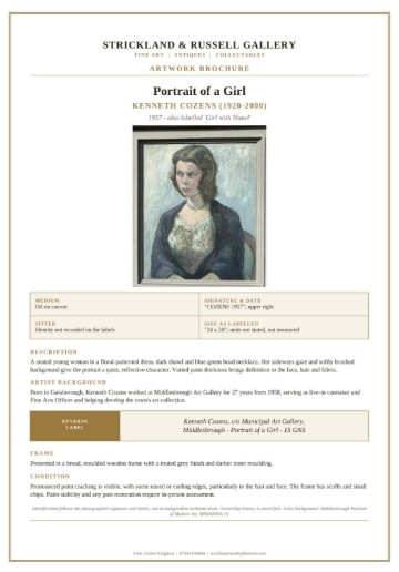 A mid-century oil painting on canvas depicting a seated woman wearing a patterned dress, blue necklace, and dark shawl, framed in a grey wooden frame. View VI