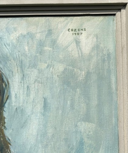 A mid-century oil painting on canvas depicting a seated woman wearing a patterned dress, blue necklace, and dark shawl, framed in a grey wooden frame. View IX