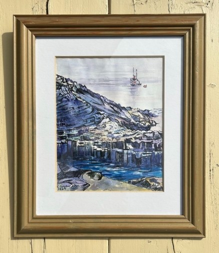 Kenneth Cozens 1967 Signed Original mid 20th Century Ink and Watercolour Framed Painting Waiting Ship Staffa