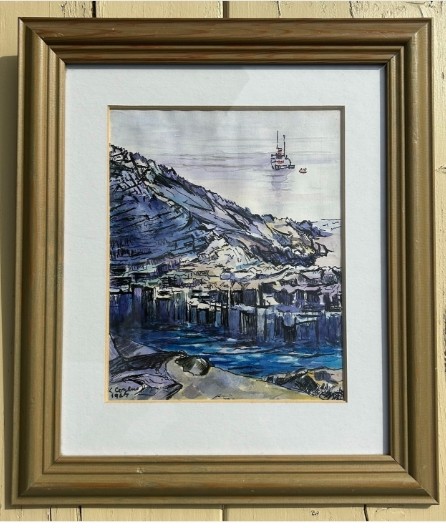 Kenneth Cozens 1967 Signed Original mid 20th Century Ink and Watercolour Framed Painting Waiting Ship Staffa View II