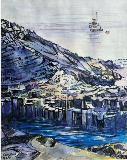 Kenneth Cozens 1967 Signed Original mid 20th Century Ink and Watercolour Framed Painting Waiting Ship Staffa View V