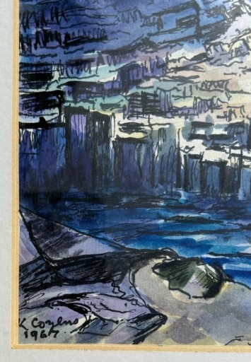 Kenneth Cozens 1967 Signed Original mid 20th Century Ink and Watercolour Framed Painting Waiting Ship Staffa View VI