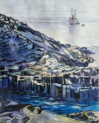 Kenneth Cozens 1967 Signed Original mid 20th Century Ink and Watercolour Framed Painting Waiting Ship Staffa View IX