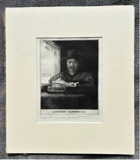 A monochrome etching depicting a man in a wide-brimmed hat seated at a window writing on a stack of paper, signed along the lower border. View II