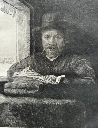 A monochrome etching depicting a man in a wide-brimmed hat seated at a window writing on a stack of paper, signed along the lower border. View V