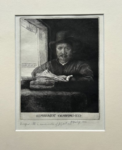 A monochrome etching depicting a man in a wide-brimmed hat seated at a window writing on a stack of paper, signed along the lower border. View IX