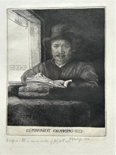 A monochrome etching depicting a man in a wide-brimmed hat seated at a window writing on a stack of paper, signed along the lower border. View X
