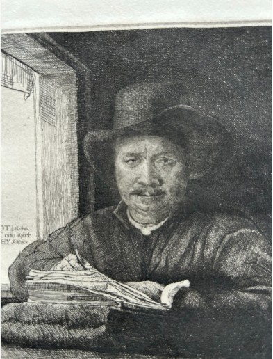 A monochrome etching depicting a man in a wide-brimmed hat seated at a window writing on a stack of paper, signed along the lower border. View XIV