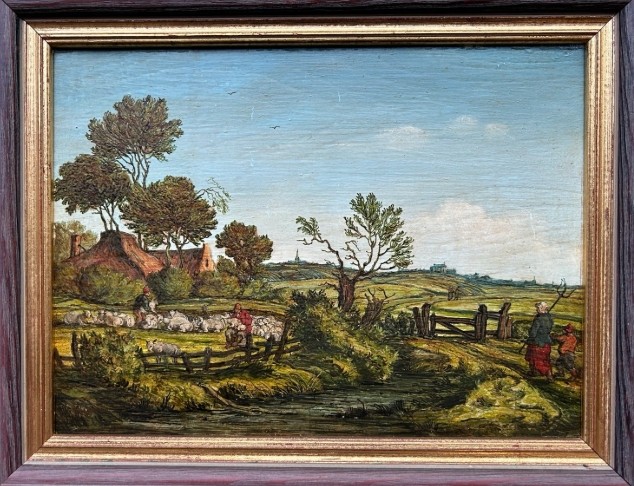 A pair of framed 19th-century oil paintings on wood panels depicting rural Flemish landscapes with stone bridges, rivers, thatched cottages, and pastoral figures. View III