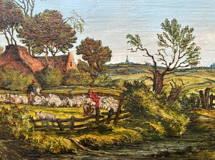 A pair of framed 19th-century oil paintings on wood panels depicting rural Flemish landscapes with stone bridges, rivers, thatched cottages, and pastoral figures. View IV