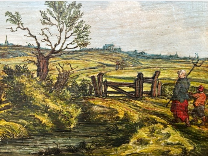 A pair of framed 19th-century oil paintings on wood panels depicting rural Flemish landscapes with stone bridges, rivers, thatched cottages, and pastoral figures. View V
