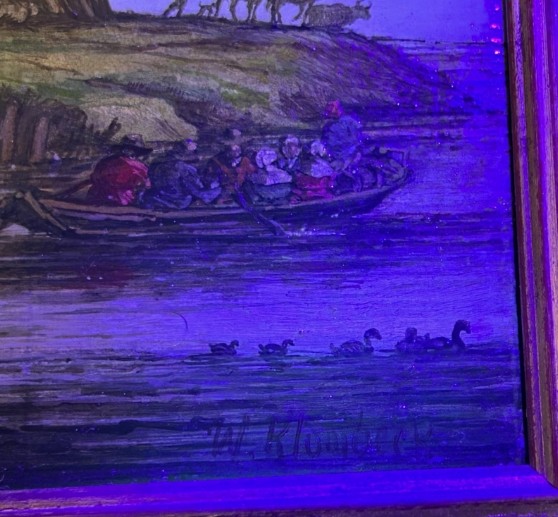 A pair of framed 19th-century oil paintings on wood panels depicting rural Flemish landscapes with stone bridges, rivers, thatched cottages, and pastoral figures. View VI