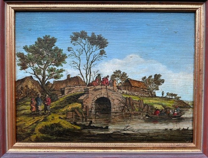 A pair of framed 19th-century oil paintings on wood panels depicting rural Flemish landscapes with stone bridges, rivers, thatched cottages, and pastoral figures. View VIII