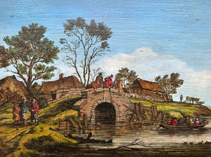 A pair of framed 19th-century oil paintings on wood panels depicting rural Flemish landscapes with stone bridges, rivers, thatched cottages, and pastoral figures. View IX