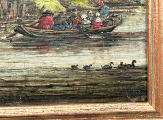 A pair of framed 19th-century oil paintings on wood panels depicting rural Flemish landscapes with stone bridges, rivers, thatched cottages, and pastoral figures. View X