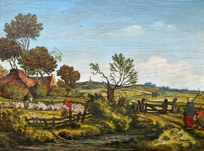 A pair of framed 19th-century oil paintings on wood panels depicting rural Flemish landscapes with stone bridges, rivers, thatched cottages, and pastoral figures. View XI