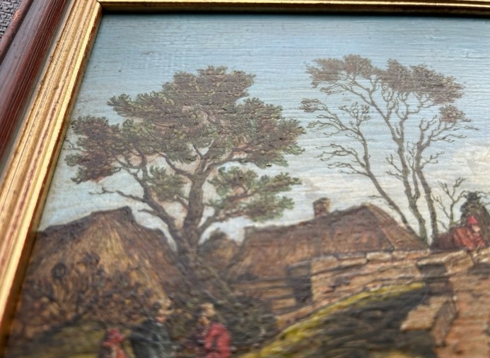 A pair of framed 19th-century oil paintings on wood panels depicting rural Flemish landscapes with stone bridges, rivers, thatched cottages, and pastoral figures. View XII
