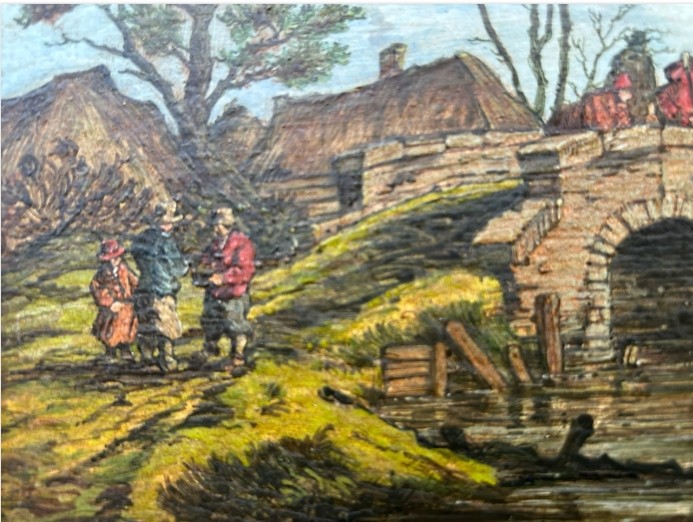A pair of framed 19th-century oil paintings on wood panels depicting rural Flemish landscapes with stone bridges, rivers, thatched cottages, and pastoral figures. View XIII