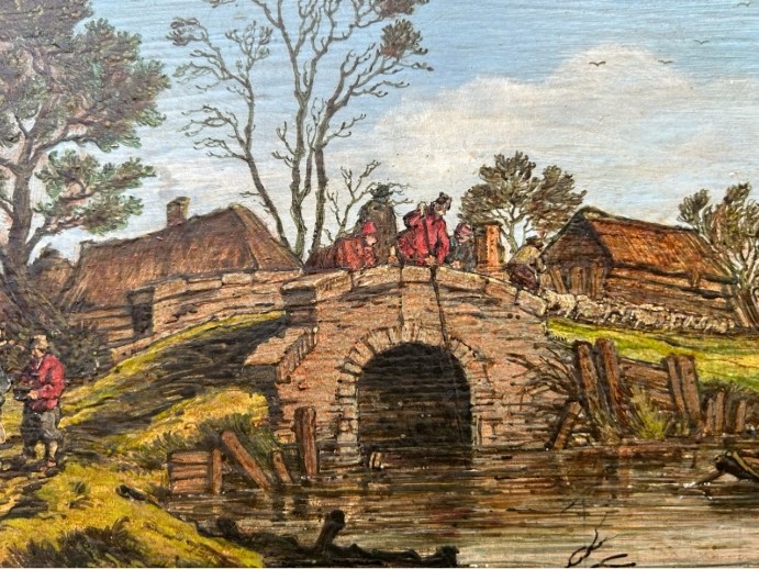 A pair of framed 19th-century oil paintings on wood panels depicting rural Flemish landscapes with stone bridges, rivers, thatched cottages, and pastoral figures. View XIV