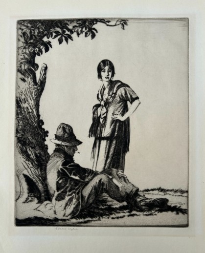 A monochrome drypoint etching depicting a seated man in a hat and a standing woman beneath a leafy tree trunk.