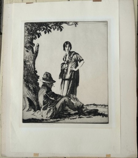 A monochrome drypoint etching depicting a seated man in a hat and a standing woman beneath a leafy tree trunk. View II