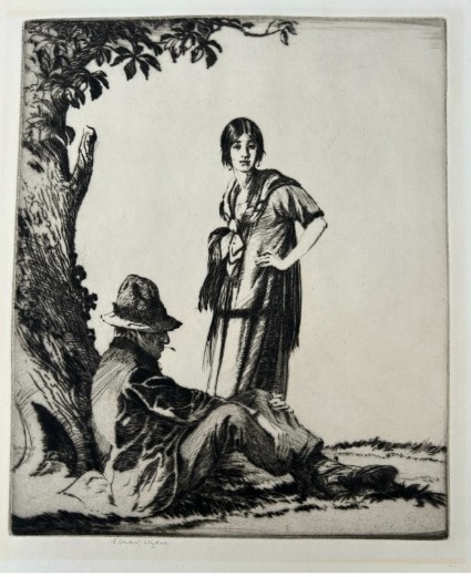 A monochrome drypoint etching depicting a seated man in a hat and a standing woman beneath a leafy tree trunk. View IV