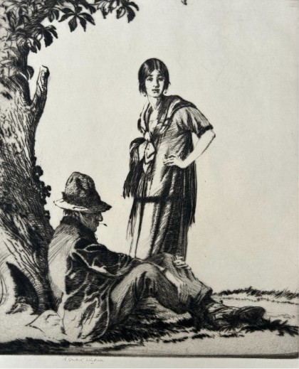 A monochrome drypoint etching depicting a seated man in a hat and a standing woman beneath a leafy tree trunk. View V