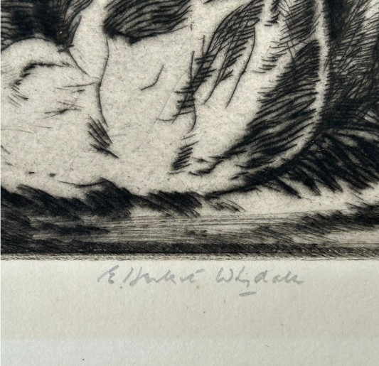 A monochrome drypoint etching depicting a seated man in a hat and a standing woman beneath a leafy tree trunk. View VI