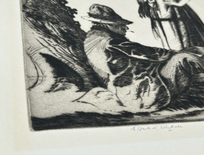 A monochrome drypoint etching depicting a seated man in a hat and a standing woman beneath a leafy tree trunk. View VII