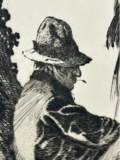 A monochrome drypoint etching depicting a seated man in a hat and a standing woman beneath a leafy tree trunk. View XII