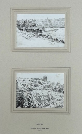 A pair of mounted monochrome graphite pencil drawings depicting coastal buildings and cliffs in Whitby, signed and dated 1934.