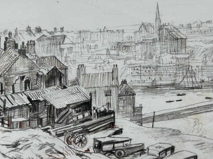 A pair of mounted monochrome graphite pencil drawings depicting coastal buildings and cliffs in Whitby, signed and dated 1934. View II