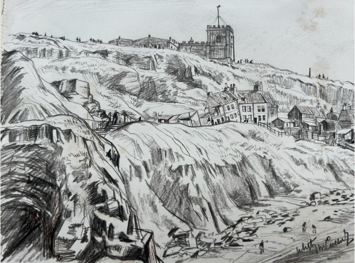 A pair of mounted monochrome graphite pencil drawings depicting coastal buildings and cliffs in Whitby, signed and dated 1934. View III