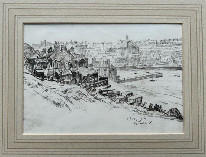 A pair of mounted monochrome graphite pencil drawings depicting coastal buildings and cliffs in Whitby, signed and dated 1934. View IV