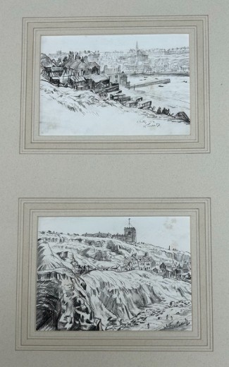 A pair of mounted monochrome graphite pencil drawings depicting coastal buildings and cliffs in Whitby, signed and dated 1934. View V