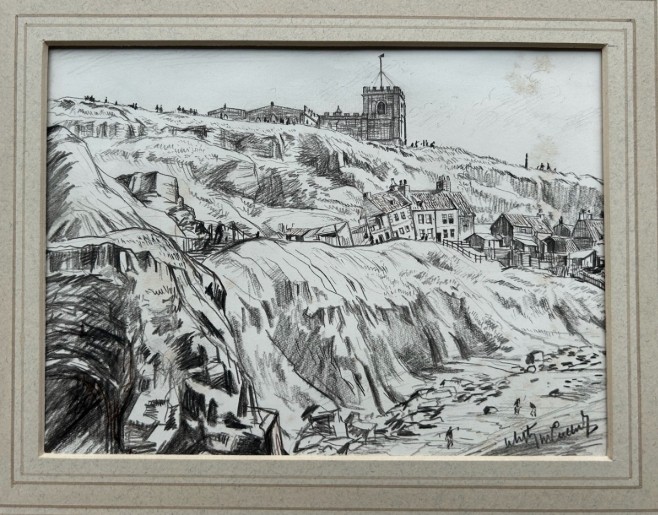 A pair of mounted monochrome graphite pencil drawings depicting coastal buildings and cliffs in Whitby, signed and dated 1934. View VI