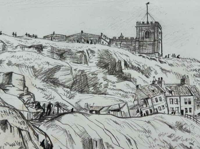 A pair of mounted monochrome graphite pencil drawings depicting coastal buildings and cliffs in Whitby, signed and dated 1934. View VIII