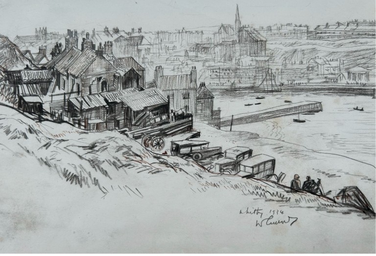 A pair of mounted monochrome graphite pencil drawings depicting coastal buildings and cliffs in Whitby, signed and dated 1934. View IX