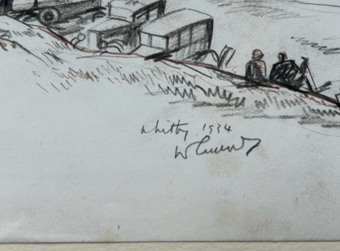 A pair of mounted monochrome graphite pencil drawings depicting coastal buildings and cliffs in Whitby, signed and dated 1934. View X
