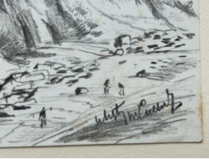 A pair of mounted monochrome graphite pencil drawings depicting coastal buildings and cliffs in Whitby, signed and dated 1934. View XI