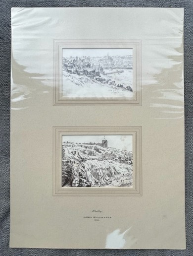 A pair of mounted monochrome graphite pencil drawings depicting coastal buildings and cliffs in Whitby, signed and dated 1934. View XII