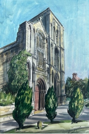 An early 20th-century watercolour painting depicting the stone facade of Old Malton Priory under a clear blue sky surrounded by green trees.