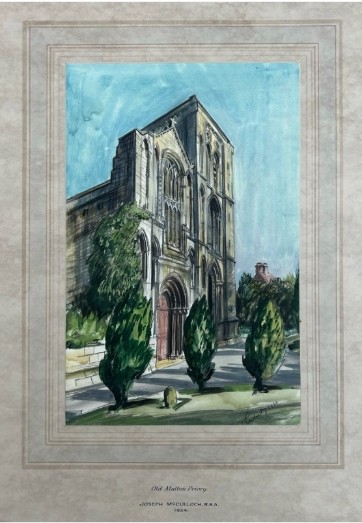 An early 20th-century watercolour painting depicting the stone facade of Old Malton Priory under a clear blue sky surrounded by green trees. View II
