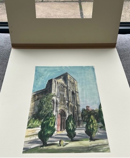 An early 20th-century watercolour painting depicting the stone facade of Old Malton Priory under a clear blue sky surrounded by green trees. View III