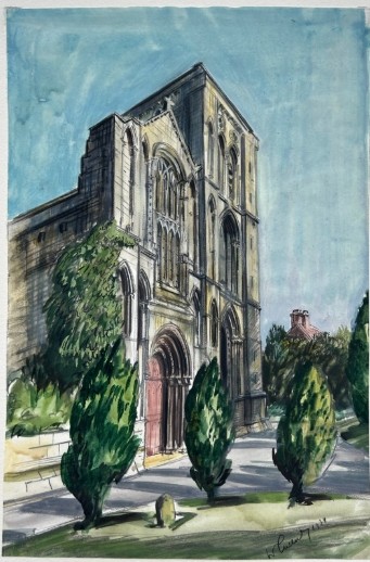 An early 20th-century watercolour painting depicting the stone facade of Old Malton Priory under a clear blue sky surrounded by green trees. View IV
