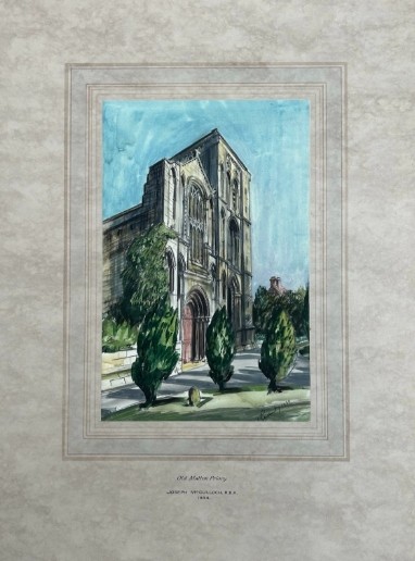 An early 20th-century watercolour painting depicting the stone facade of Old Malton Priory under a clear blue sky surrounded by green trees. View V