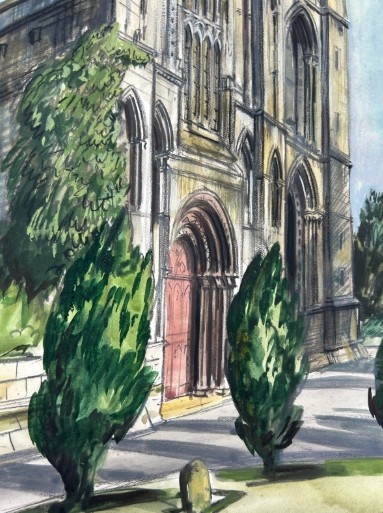 An early 20th-century watercolour painting depicting the stone facade of Old Malton Priory under a clear blue sky surrounded by green trees. View VI