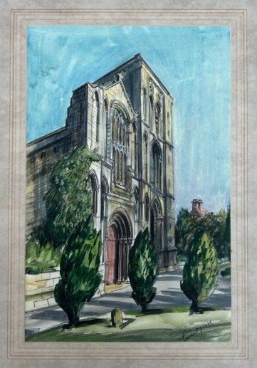 An early 20th-century watercolour painting depicting the stone facade of Old Malton Priory under a clear blue sky surrounded by green trees. View VII